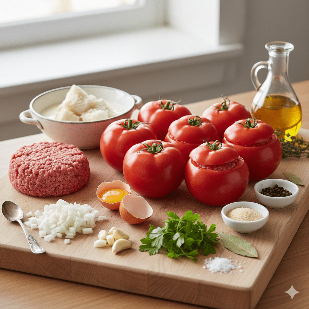 Farce de viande hachée, persil, ail, oignons et mie de pain dans un saladier Tomates Farcies à l'Ancienne