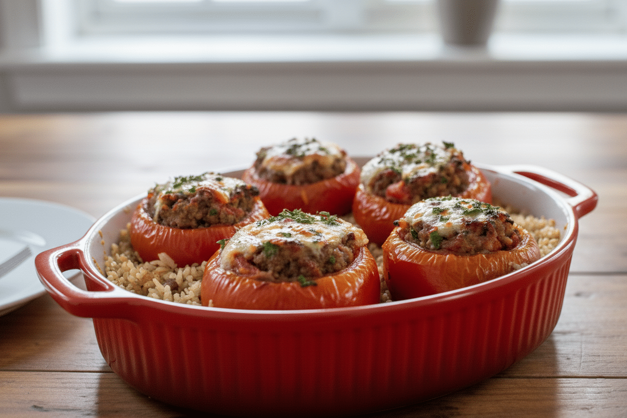 Tomates farcies disposées dans un plat à gratin avec chapelure et chapeaux Tomates Farcies à l'Ancienne
