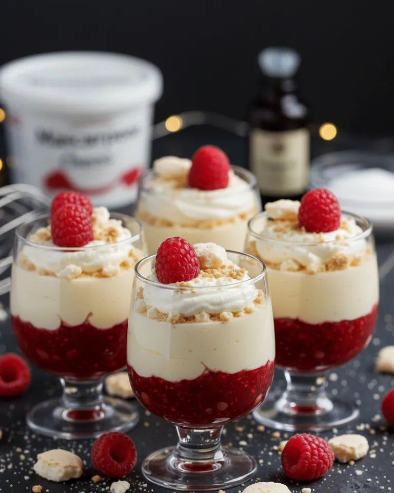 Verrine Framboise Mascarpone décorée d'une framboise fraîche sur le dessus. Verrines Framboise Mascarpone et Meringue