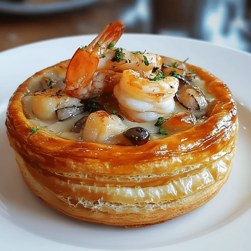 Saint-jacques et crevettes incorporées dans la sauce à la crème et au persil. Vol au vent aux saint-jacques et crevettes
