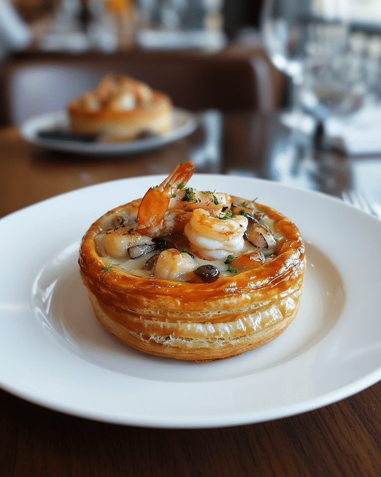 Noix de saint-jacques dorant dans une poêle avec une noisette de beurre. Vol au vent aux saint-jacques et crevettes
