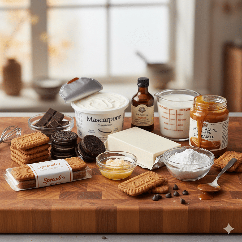 Gros plan sur l'étape de préparation de la crème vanillée, montrant un mélange onctueux de fromage frais, mascarpone, sucre glace, vanille et copeaux de chocolat noir dans un grand bol. Tarte aux Speculoos, Crème Vanillée et Chocolat