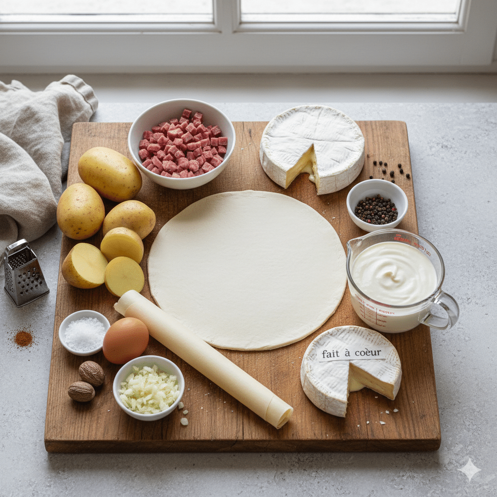 La Liste des Ingrédients : Tarte Pomme de Terre, Camembert et Lardons