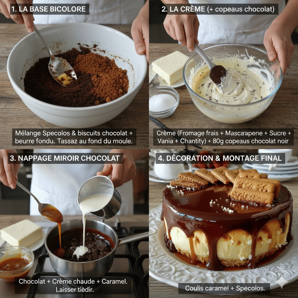 Tarte aux Speculoos, Crème Vanillée et Chocolat Une photo étape par étape montrant le processus de préparation de la base bicolore de la Tarte aux Speculoos, Crème Vanillée et Chocolat, avec des miettes de biscuits mélangées au beurre fondu dans un moule à charnière.
