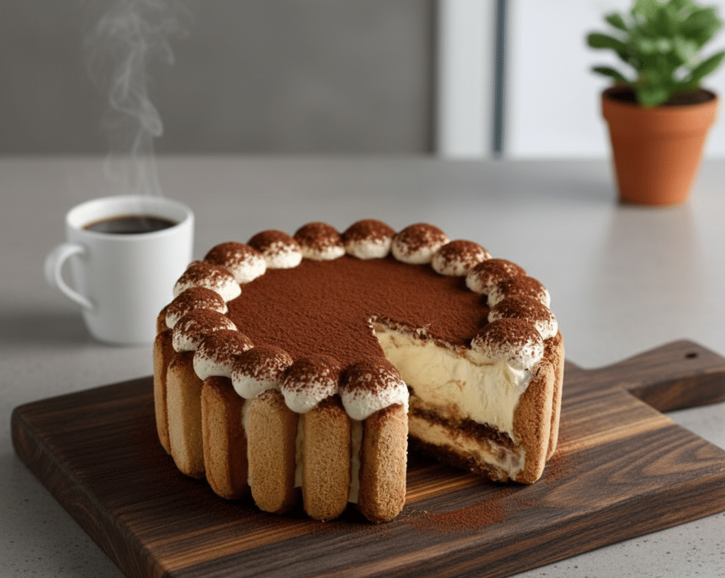 Une tarte tiramisu ronde sans cuisson avec des bords en biscuits cuillères et un dessus saupoudré de cacao amer, présentée sur un plat de service.