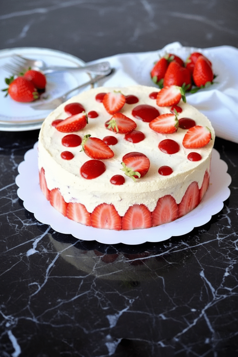 Fraisier à la crème mousseline terminé et décoré de fraises