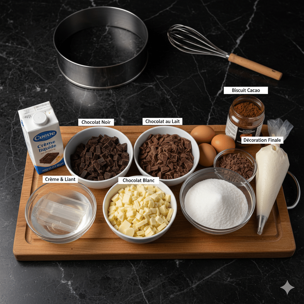 Ingrédients clés pour le Gâteau Mousse aux Trois Chocolats