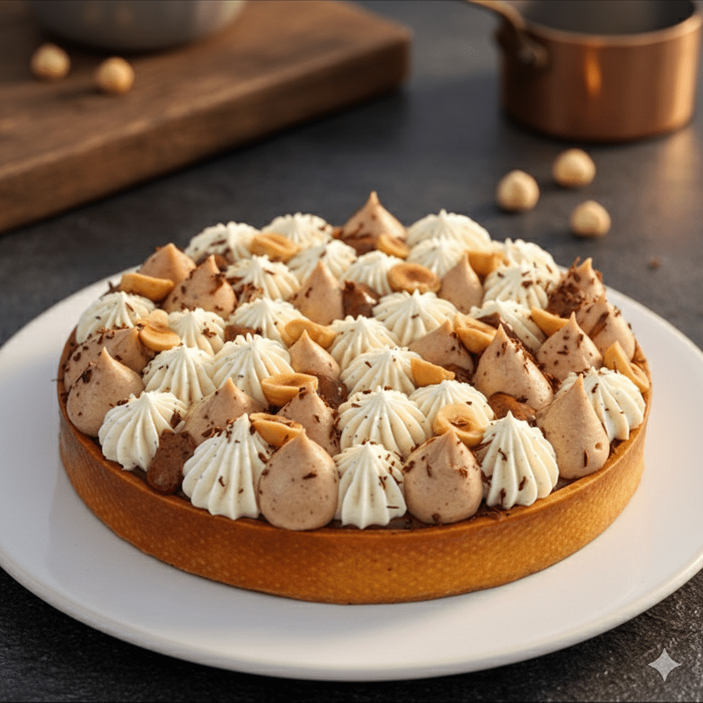 Tarte vanille et praliné composée d’une pâte sucrée croustillante et d’une ganache montée aérienne.