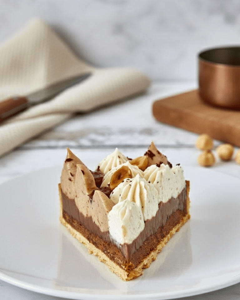 Coupe de tarte vanille praliné montrant les différentes couches