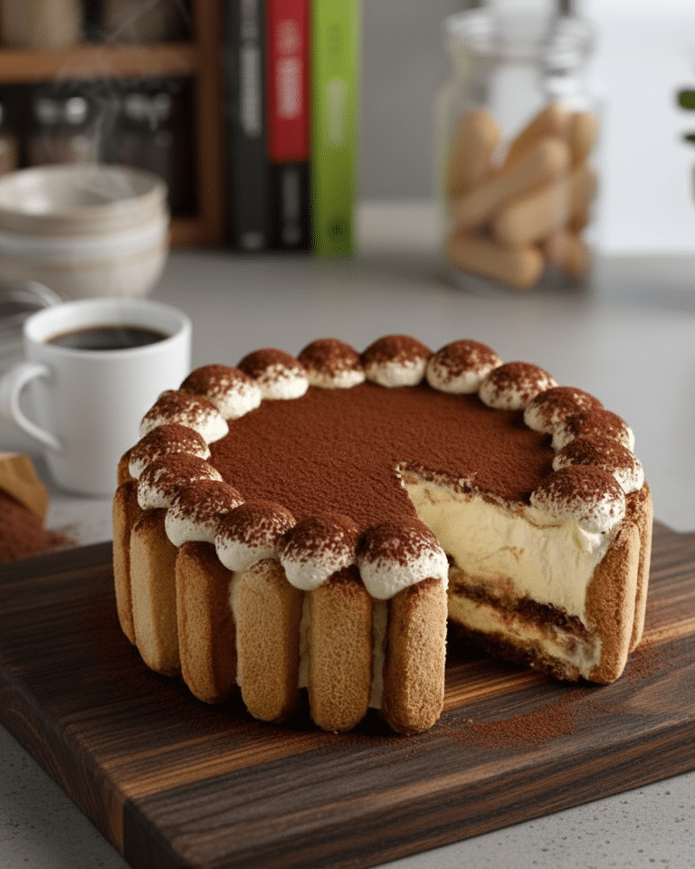 Gros plan sur une part de tarte tiramisu montrant les couches de crème mascarpone blanche et la base de biscuits imbibés de café noir.