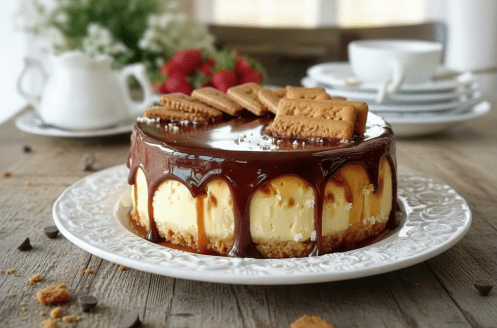 Tarte aux Speculoos, Crème Vanillée et Chocolat Une vue de près d'une somptueuse Tarte aux Speculoos, Crème Vanillée et Chocolat, parsemée de coulures de ganache foncée et de filets de caramel, avec des biscuits Speculoos plantés sur le dessus.
