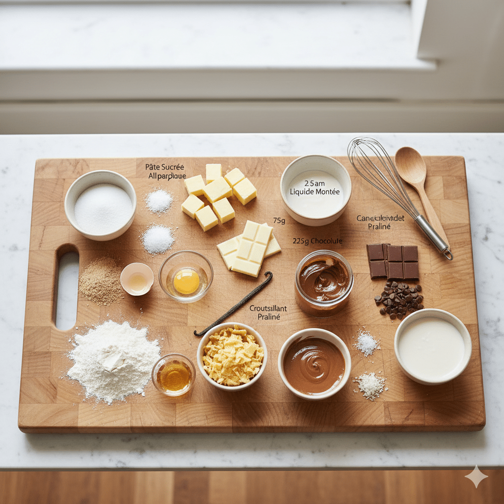Tarte vanille et praliné avec ganache montée et décor pâtissier