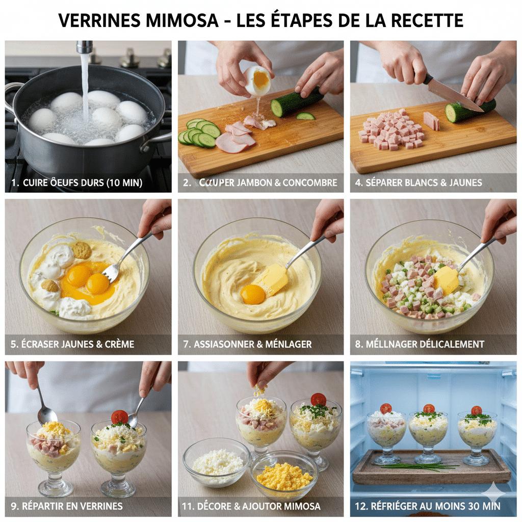 Verrines salées façon mimosa au jambon et œuf prêtes à servir