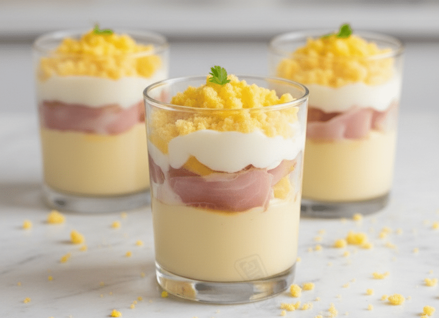 Verrines Salées Façon Mimosa au Jambon et Œuf 3 Verrines salées façon mimosa au jambon et œuf présentées en verrines transparentes