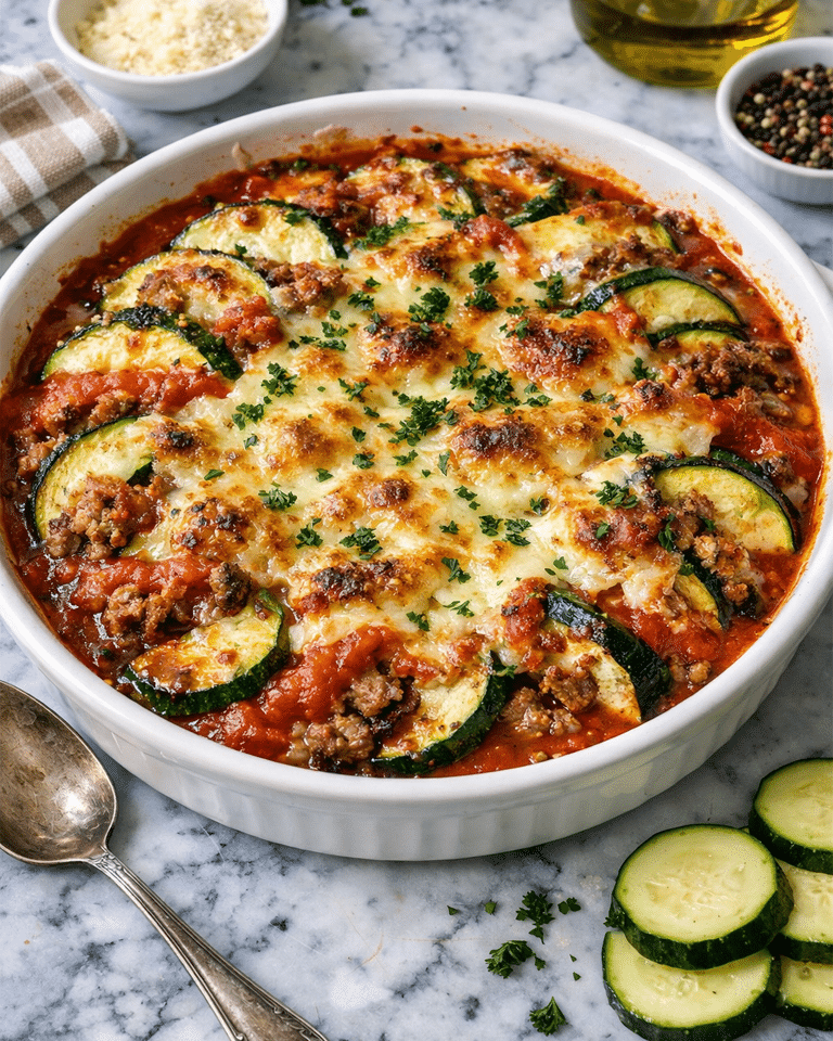 Gratin de courgettes à la viande hachée et coulis de tomate