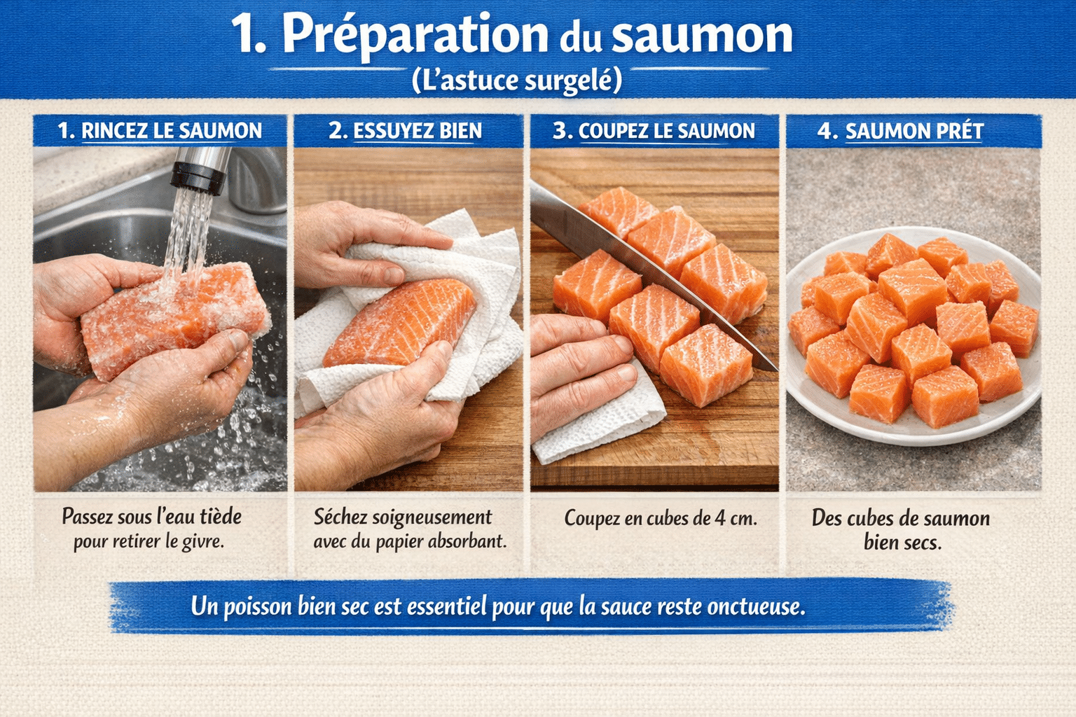 1. Préparation du saumon (l’astuce surgelé)