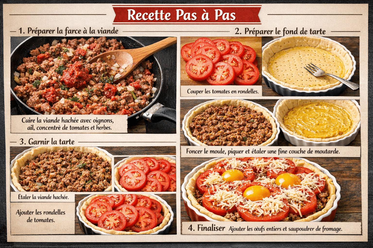 Étape par Étape: La tarte à la viande hachée aux œufs, tomates et fromage