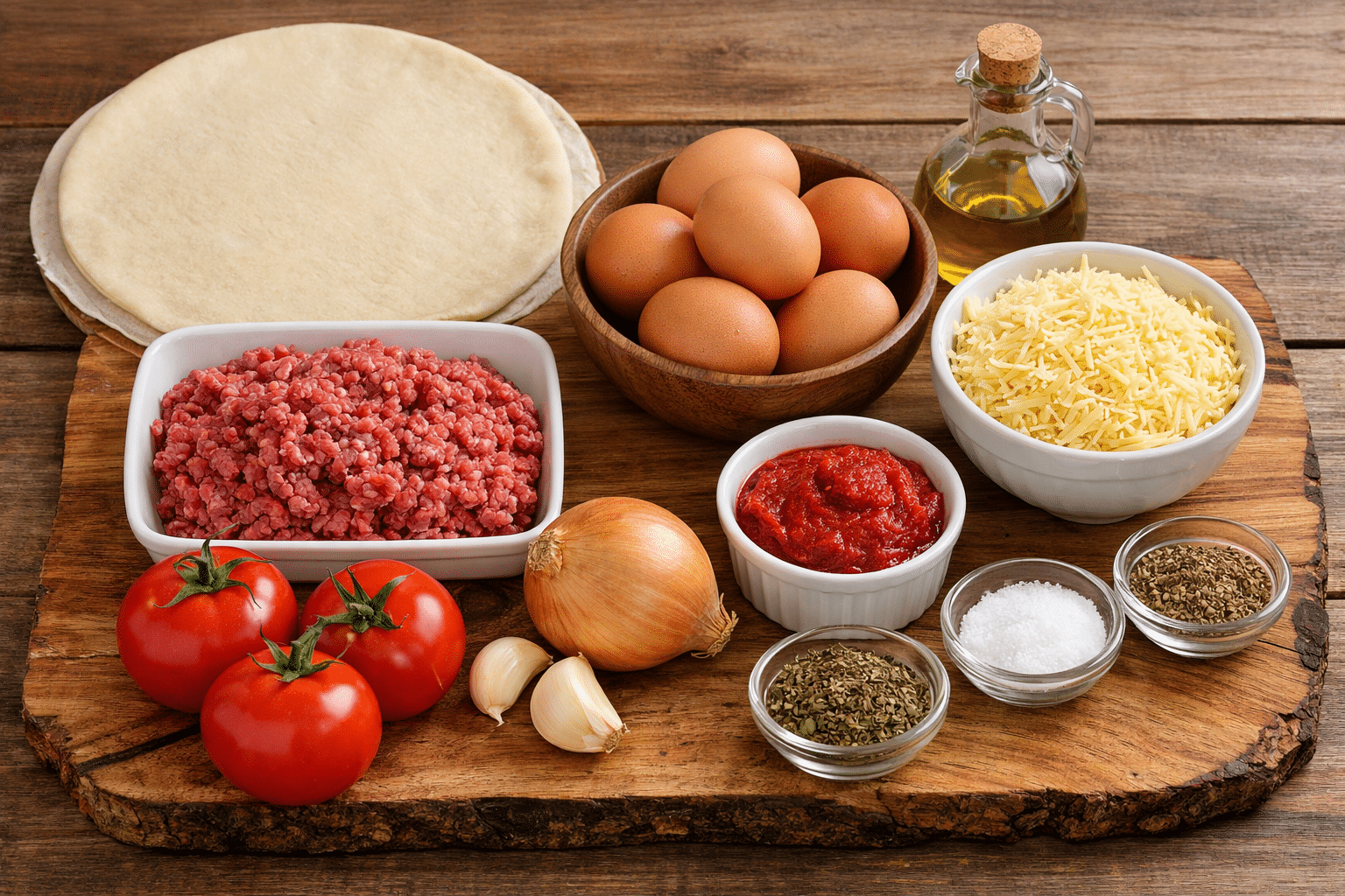 La Liste des Ingrédients : La tarte à la viande hachée aux œufs, tomates et fromage