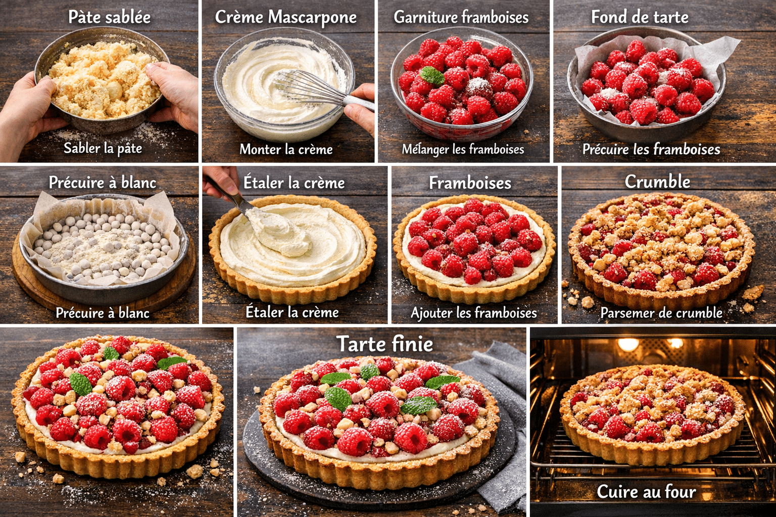 Étape par Étape: Tarte aux Framboises, Crème Mascarpone & Crumble Doré