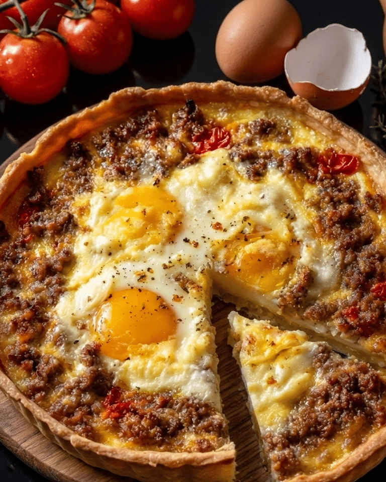La tarte à la viande hachée aux œufs, tomates et fromage