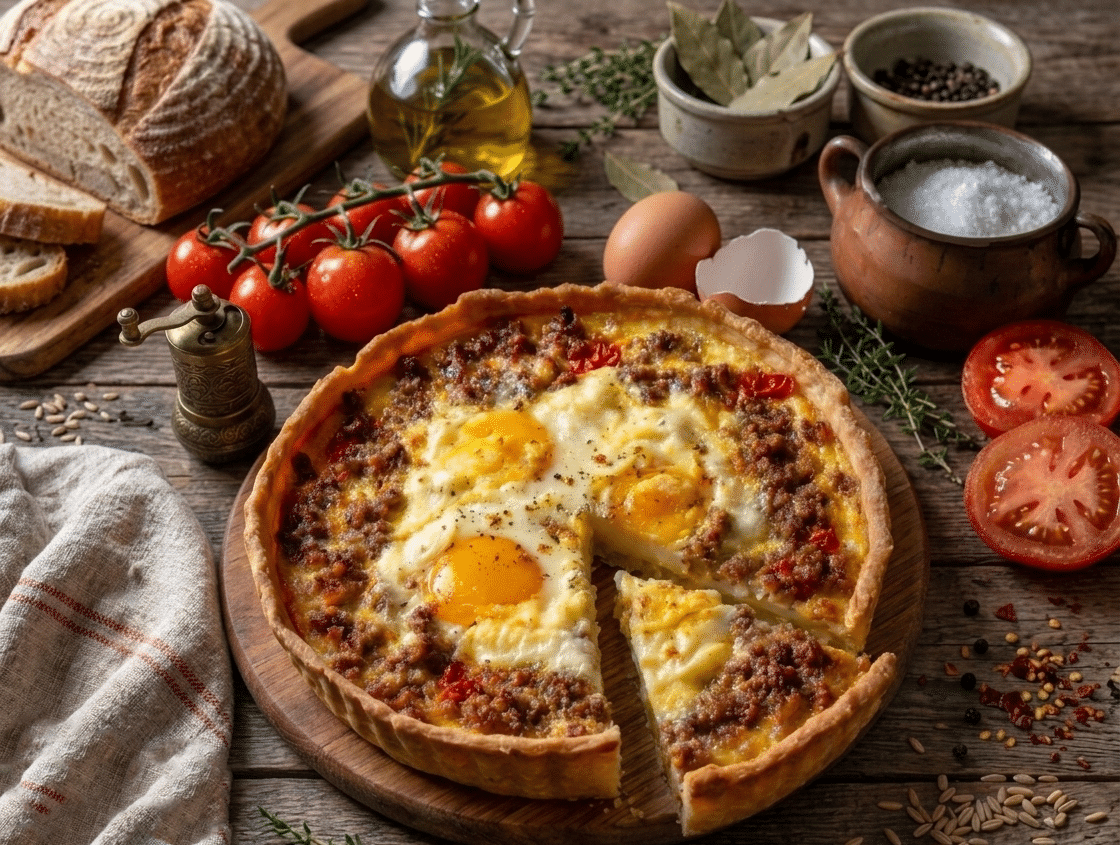 RECETTE La tarte à la viande hachée aux œufs, tomates et fromage