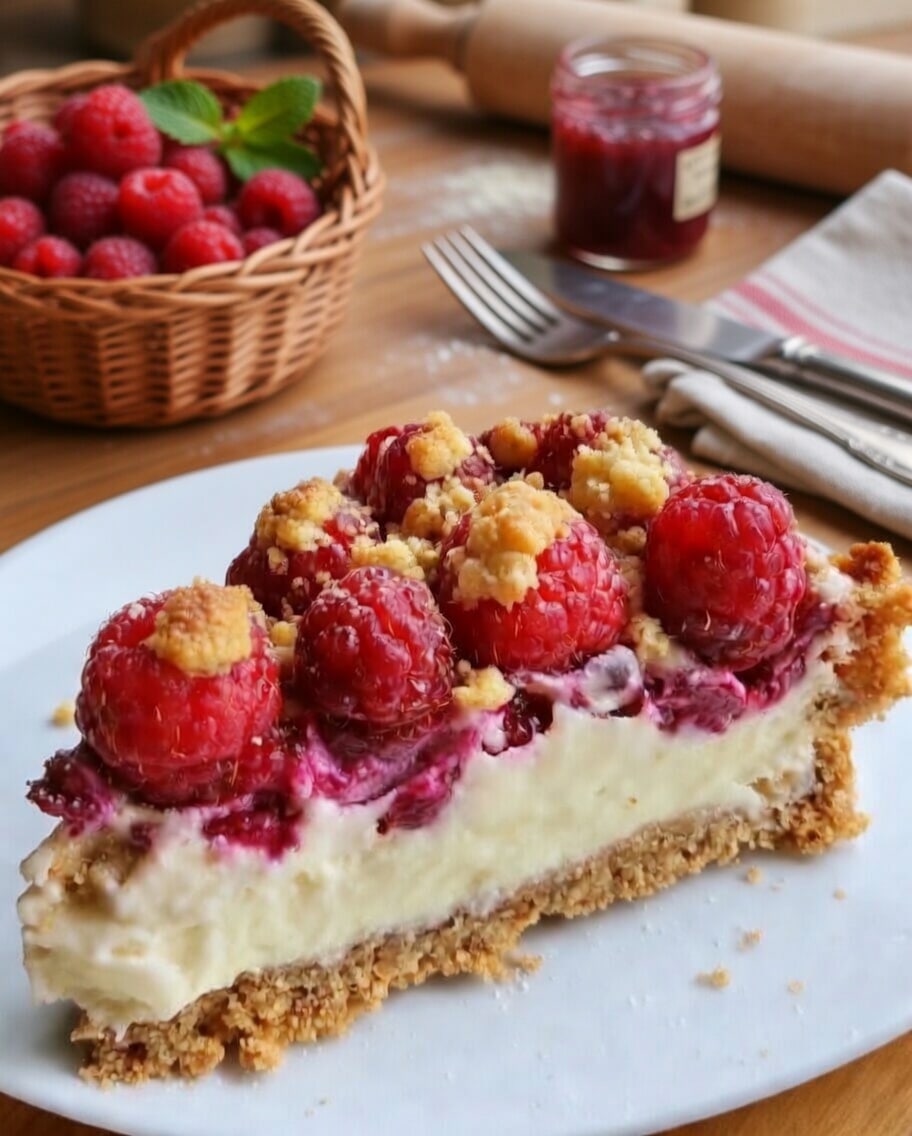 Tarte aux Framboises, Crème Mascarpone & Crumble Doré