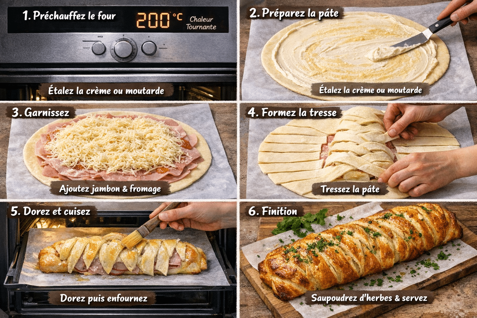 Étape par Étape: Roulé Feuilleté Tressé Jambon et Fromage