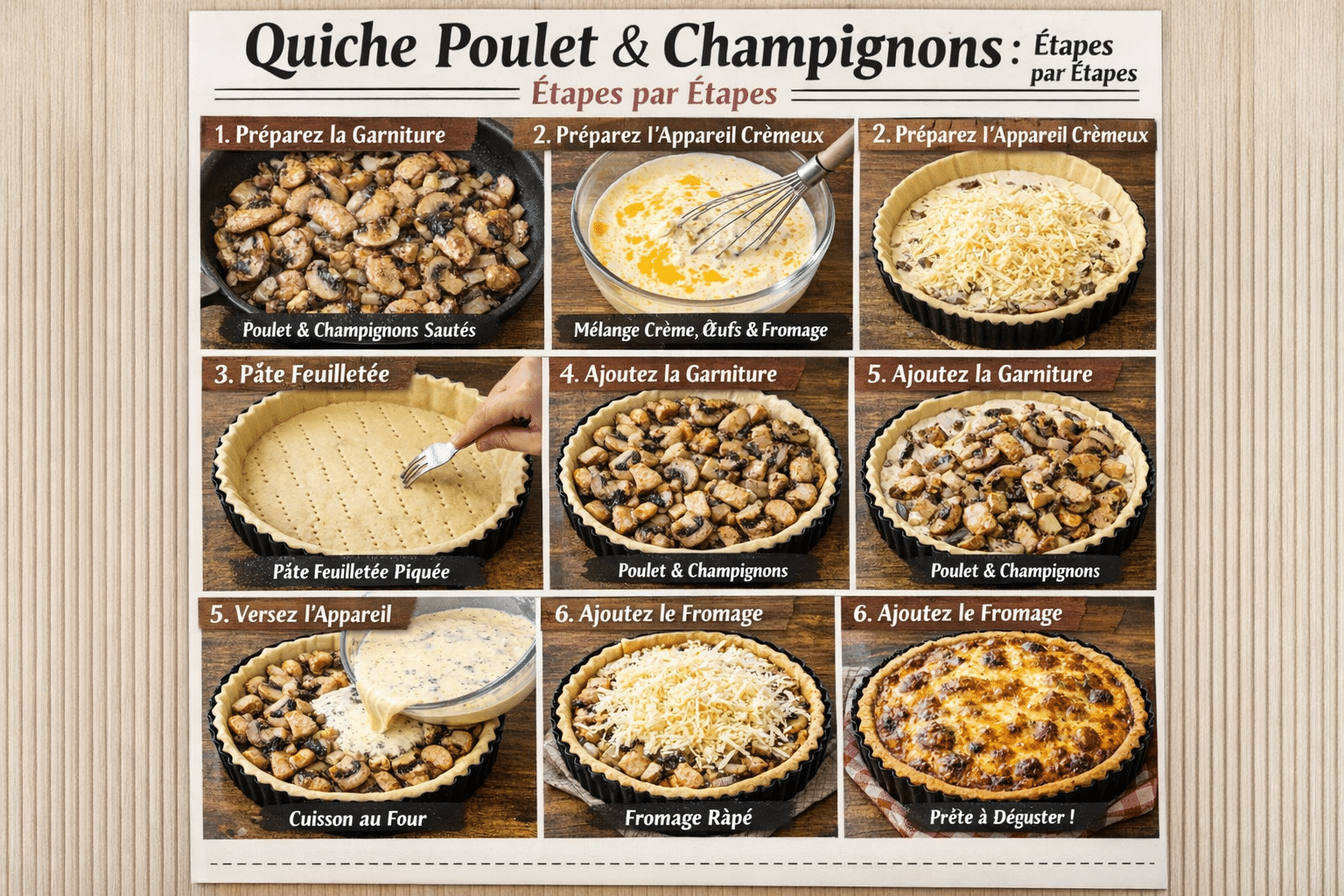 Étape par Étape: Quiche Crémeuse Poulet Champignons Gratinée