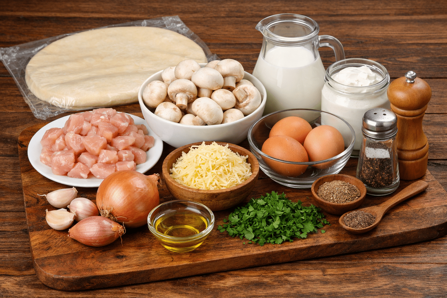 La Liste des Ingrédients : Quiche Crémeuse Poulet Champignons Gratinée