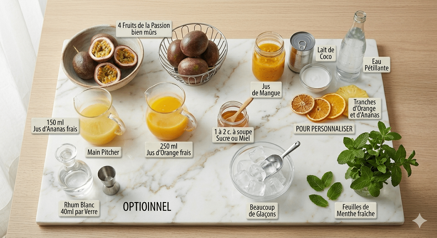 La Liste des Ingrédients : Punch Exotique aux Fruits de la Passion La Boisson Rafraîchissante