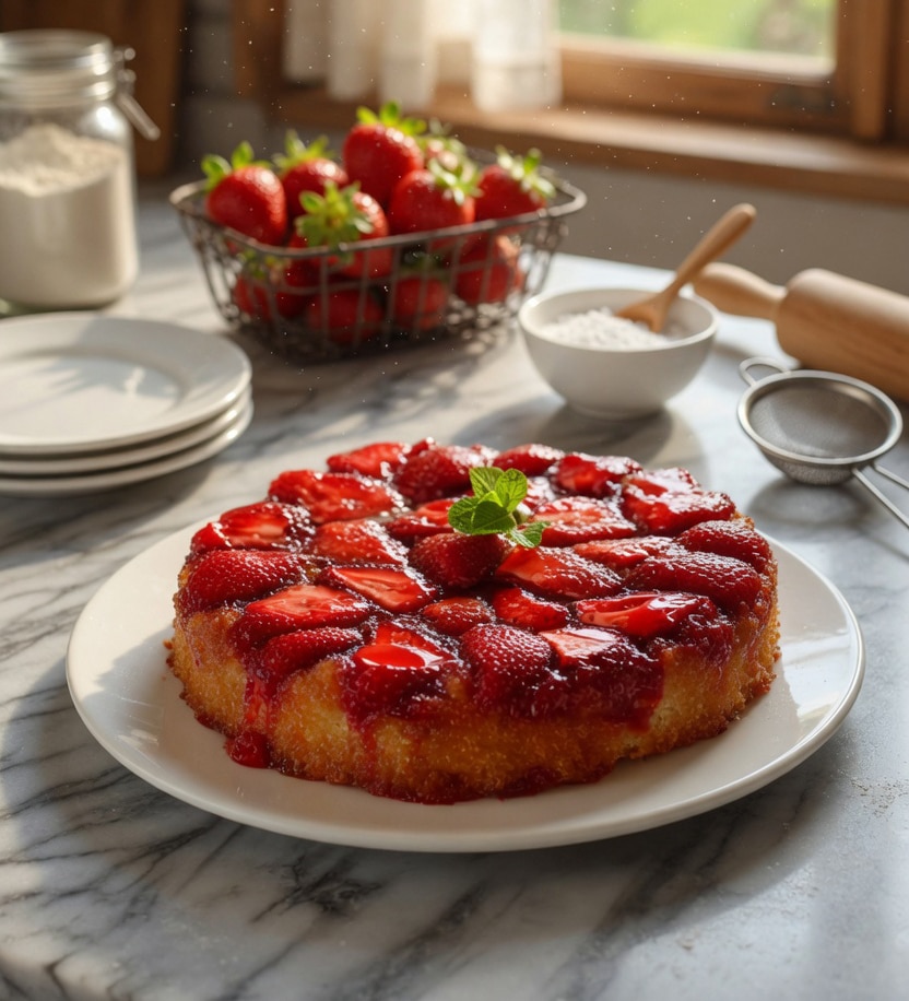 Gâteau Renversé aux Fraises : Le Dessert Spectaculaire, Moelleux et Caramélisé qui Fait Sensation à Chaque Fois