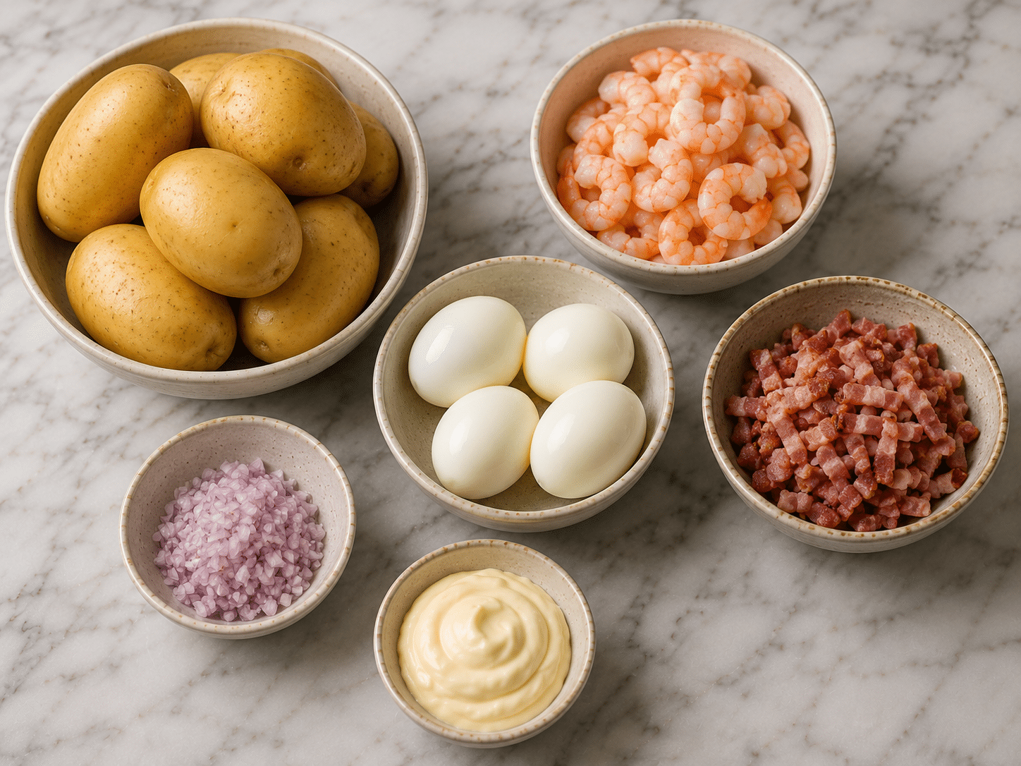 La Liste des Ingrédients : Salade Crevettes Lardons aux Pommes de Terre : la recette fraîche, généreuse et savoureuse qui plaît à tous