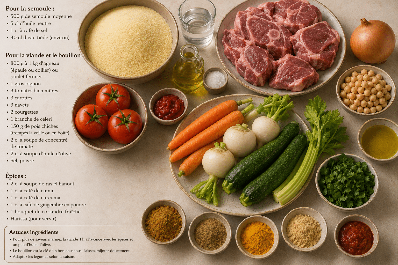 La Liste des Ingrédients : Couscous Traditionnel : la recette authentique qui rassemble toute la famille