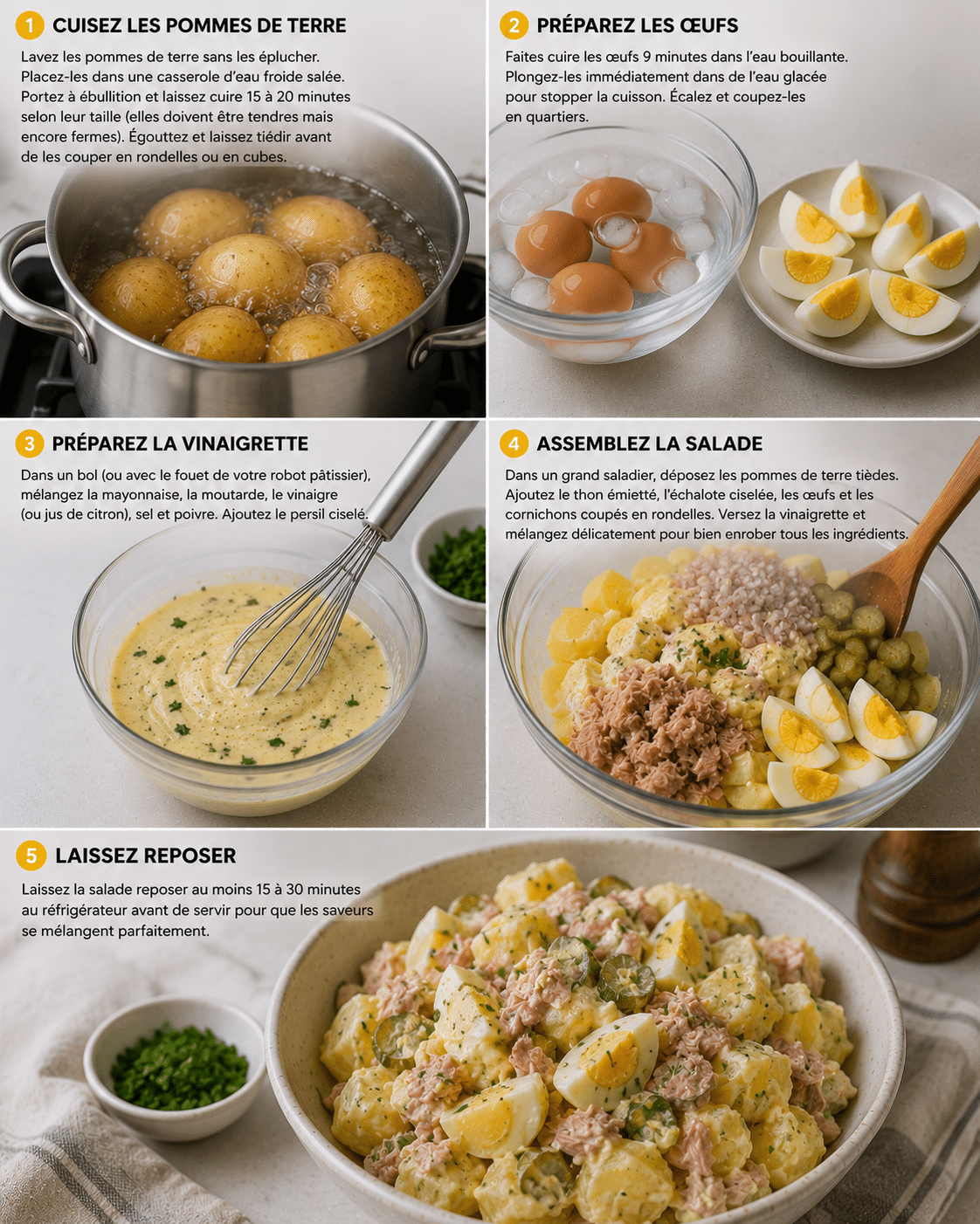 Étape par Étape: Salade de Pommes de Terre au Thon et aux Œufs : la recette classique Étape par Étape: Salade de Pommes de Terre au Thon et aux Œufs : la recette classique