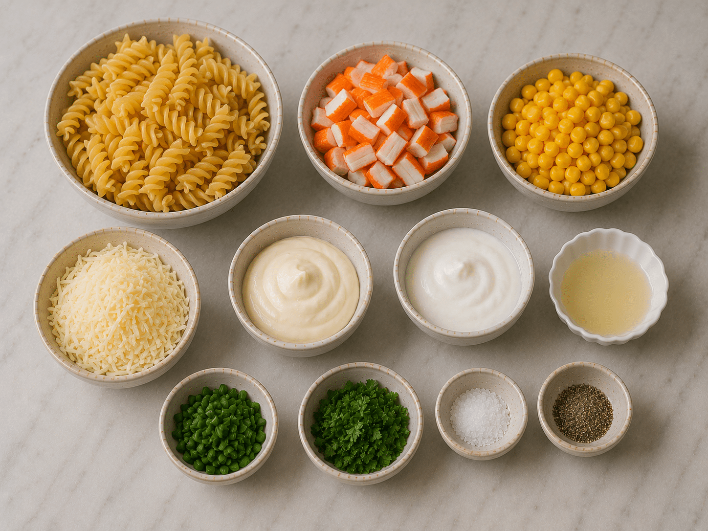 La Liste des Ingrédients : Salade de Pâtes au Surimi : la recette fraîche, gourmande et ultra-rapide qui plaît à tous
