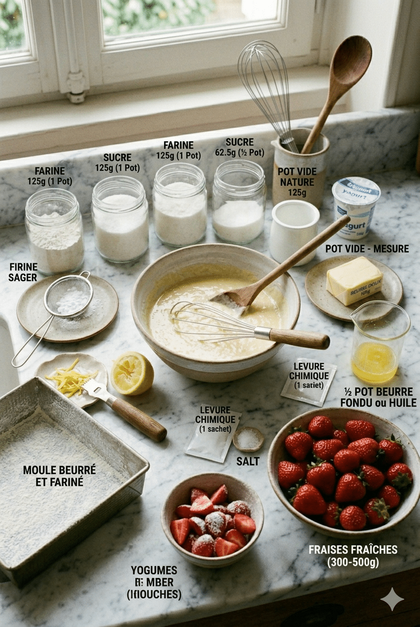 La Liste des Ingrédients : Gâteau au Yaourt aux Fraises : La Recette Moelleuse et Fruitée qui Sent Bon le Printemps