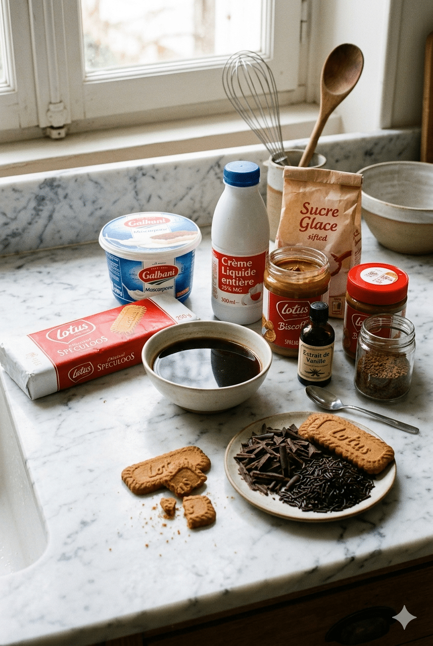 La Liste des Ingrédients : Gâteau Froid Lotus et Café : Le Dessert Sans Cuisson, Croquant et Crémeux qui Fait Sensation à Chaque Fois