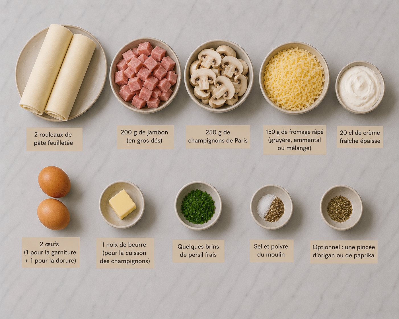 La Liste des Ingrédients : Feuilleté Crémeux au Jambon, Fromage et Champignons : la recette dorée et fondante qui fait craquer tout le monde