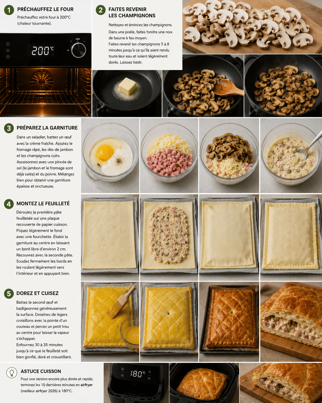 Étape par Étape: Feuilleté Crémeux au Jambon, Fromage et Champignons : la recette dorée et fondante qui fait craquer tout le monde Étape par Étape: Feuilleté Crémeux au Jambon, Fromage et Champignons : la recette dorée et fondante qui fait craquer tout le monde