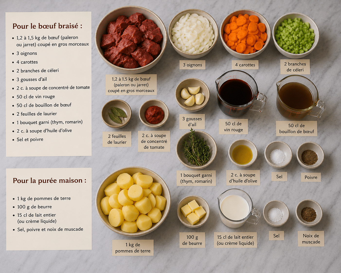 La Liste des Ingrédients : Bœuf Braisé en Sauce avec Purée Maison : le plat réconfortant et fondant qui réunit toute la famille