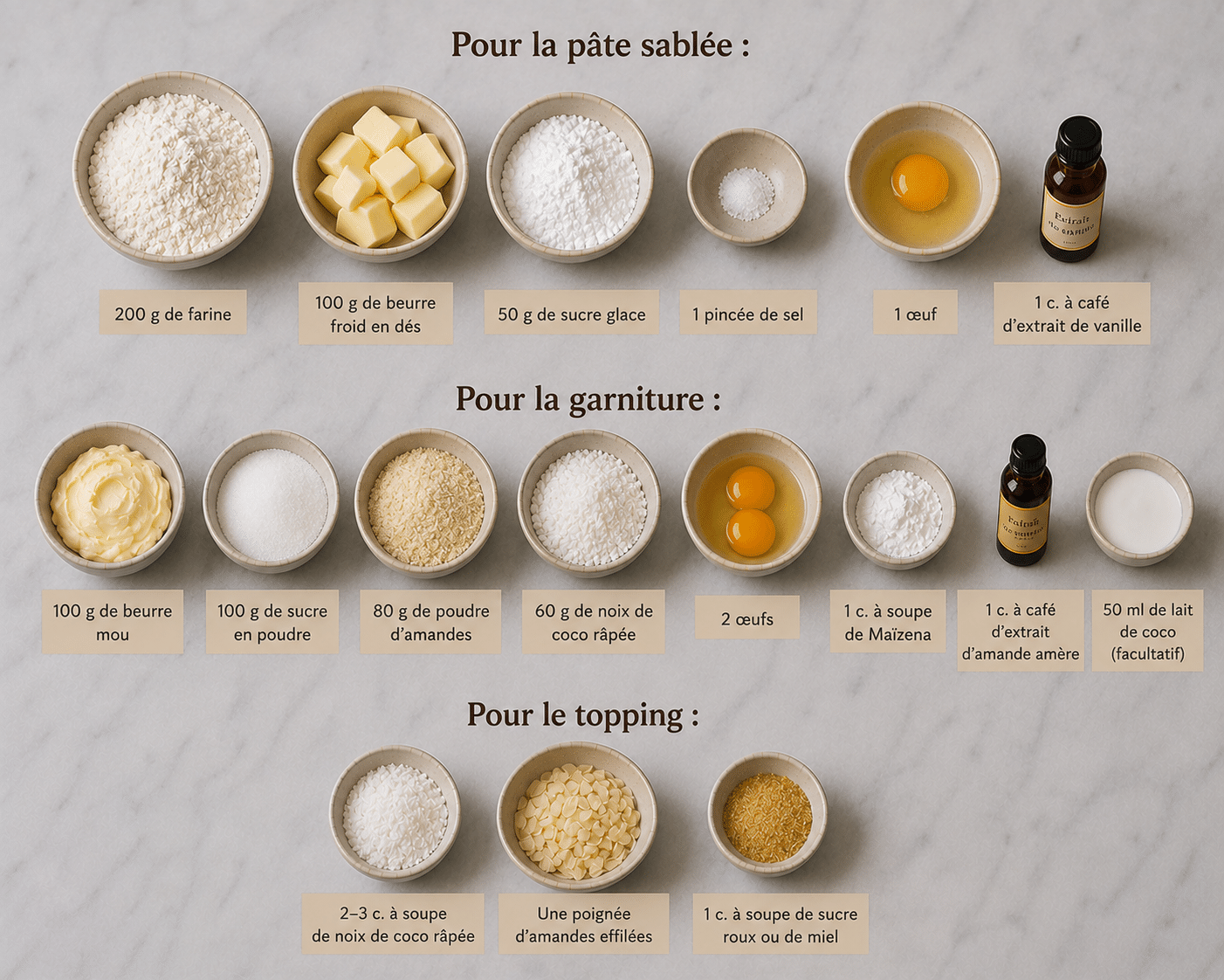 La Liste des Ingrédients : Tarte aux Amandes et Noix de Coco : la recette gourmande, exotique et irrésistible