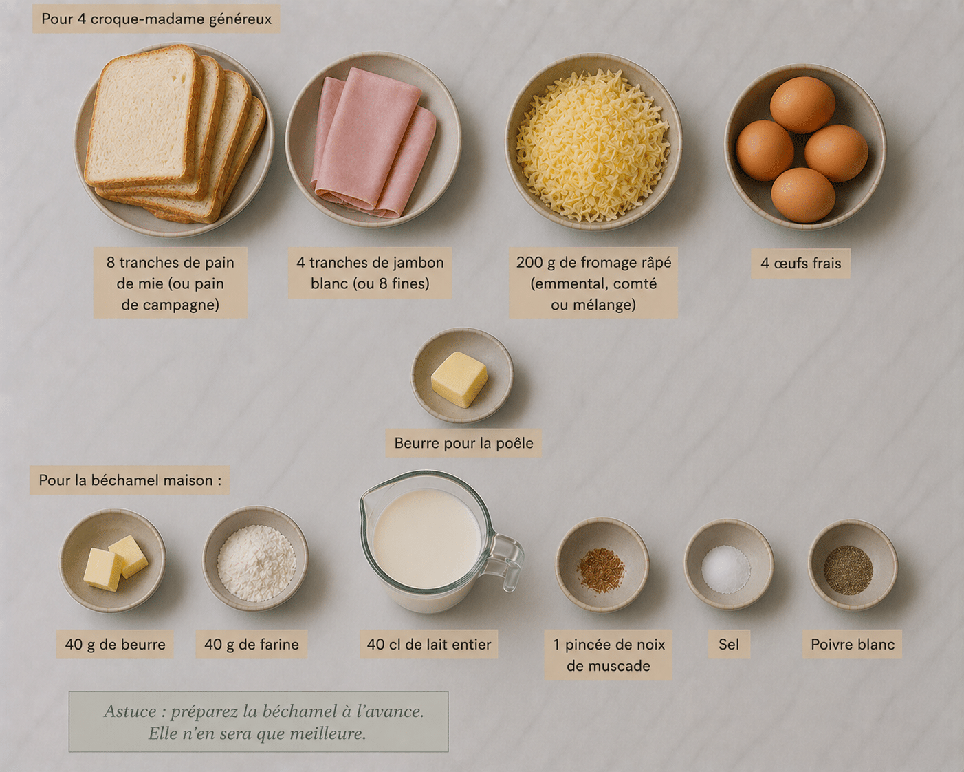 La Liste des Ingrédients : Croque-Madame Gourmand à la Béchamel, Jambon et Fromage : le sandwich français réconfortant et ultra-croustillant