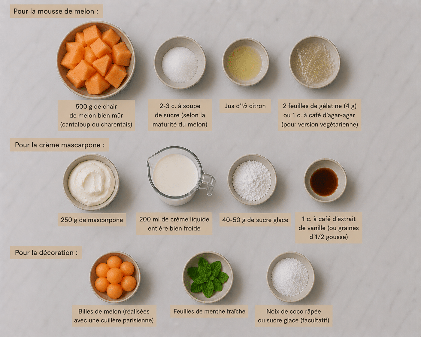 La Liste des Ingrédients : Verrines Mousse de Melon et Crème Mascarpone : le dessert frais, léger et élégant de l’été