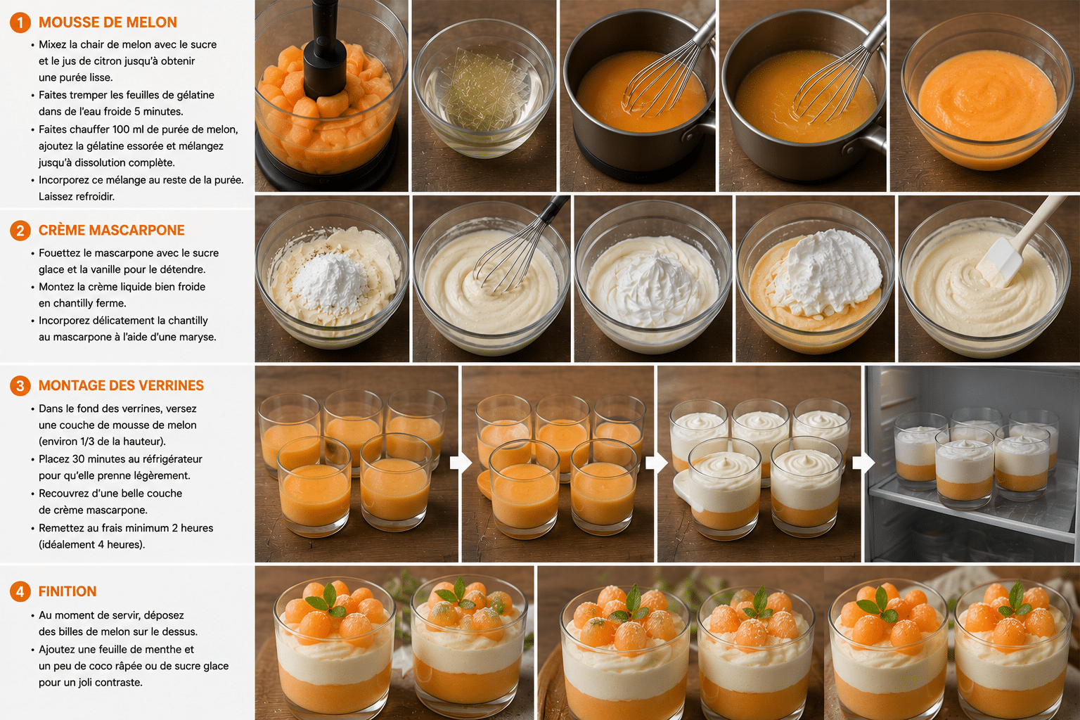 Le Guide de Préparation Étape par Étape: Verrines Mousse de Melon et Crème Mascarpone : le dessert frais, léger et élégant de l’été