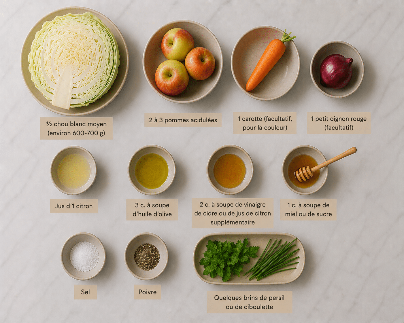 La Liste des Ingrédients : Salade au Chou Blanc et aux Pommes : la recette fraîche, croquante et légèrement sucrée qui fait du bien