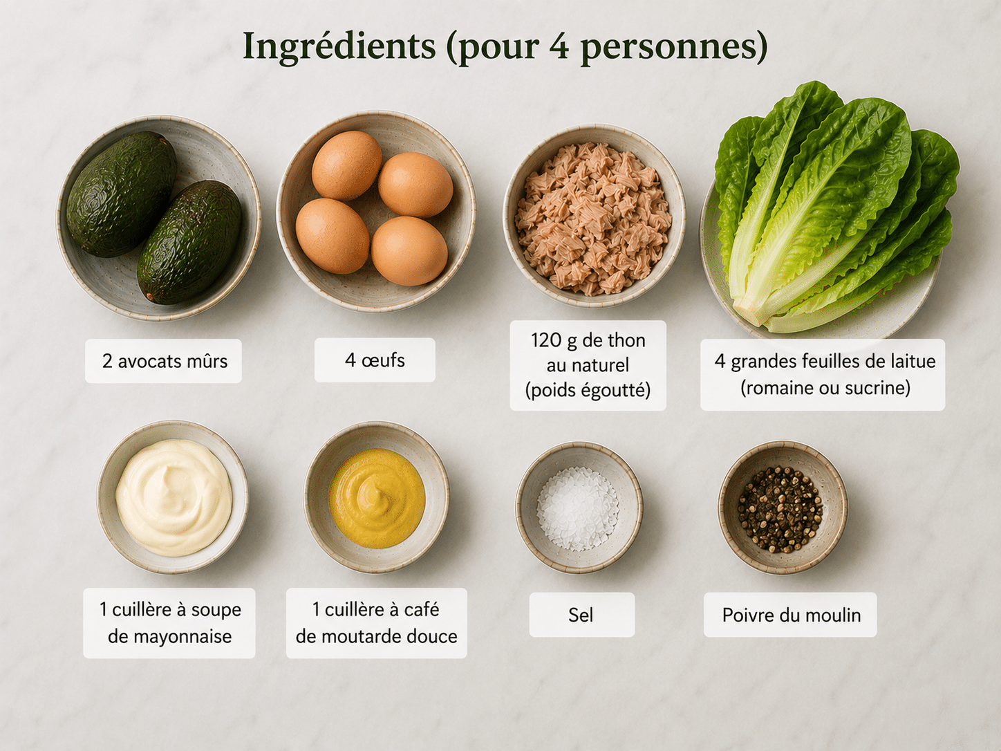 La Liste des Ingrédients : Coupelles de Laitue à l’Avocat, Œufs Durs et Thon Émietté : l’entrée fraîche, légère et gourmande parfaite pour l’été