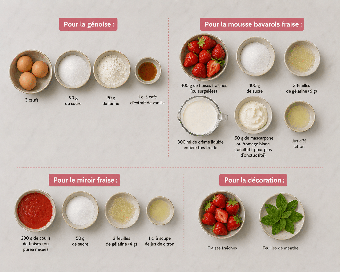 La Liste des Ingrédients : Bavarois aux Fraises sur Génoise : le dessert élégant, frais et gourmand de l’été