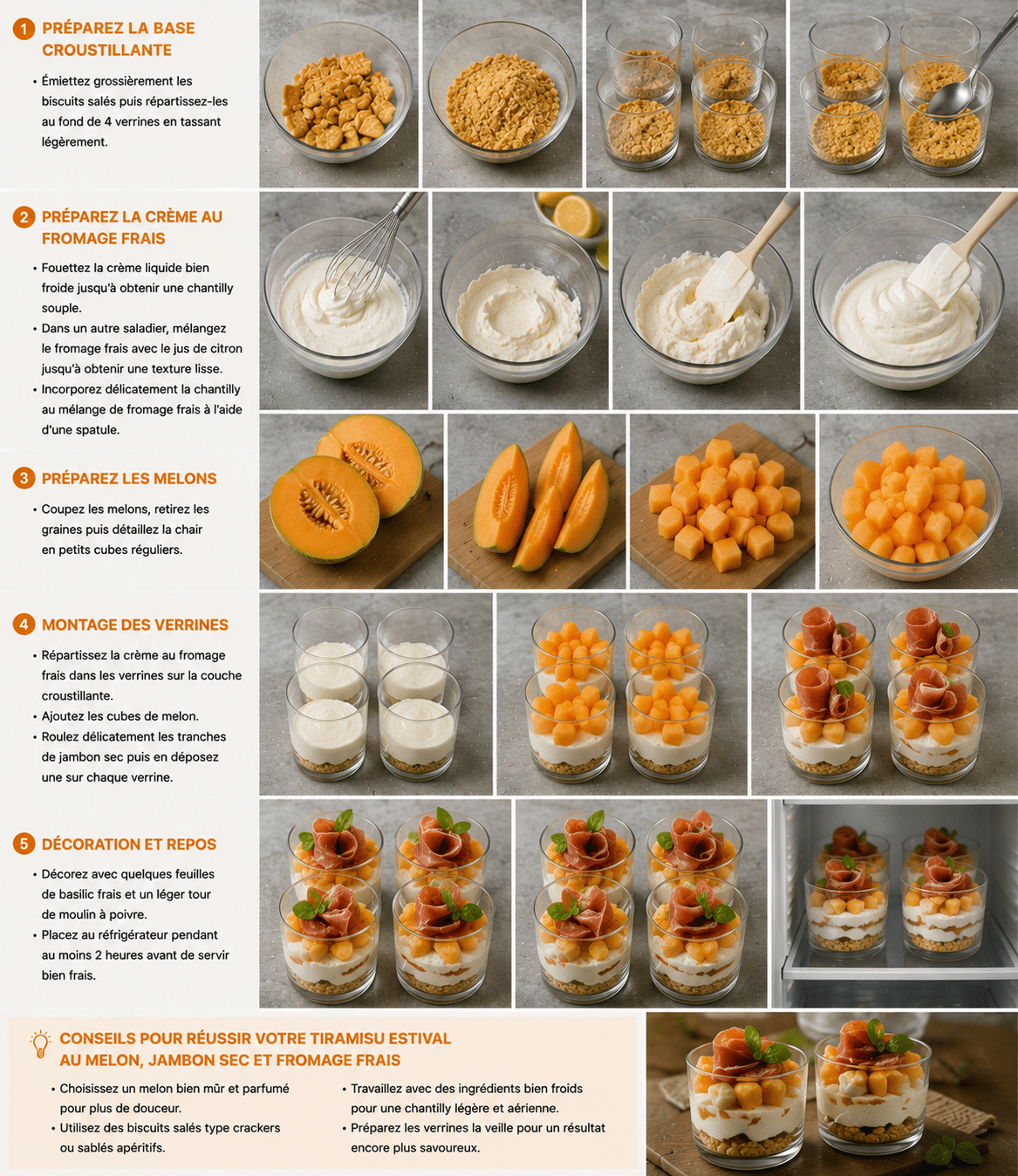Le Guide de Préparation Étape par Étape: Le tiramisu estival au melon, jambon sec et fromage frais en est le parfait exemple. Avec sa base croustillante aux biscuits salés, sa crème au fromage frais légère