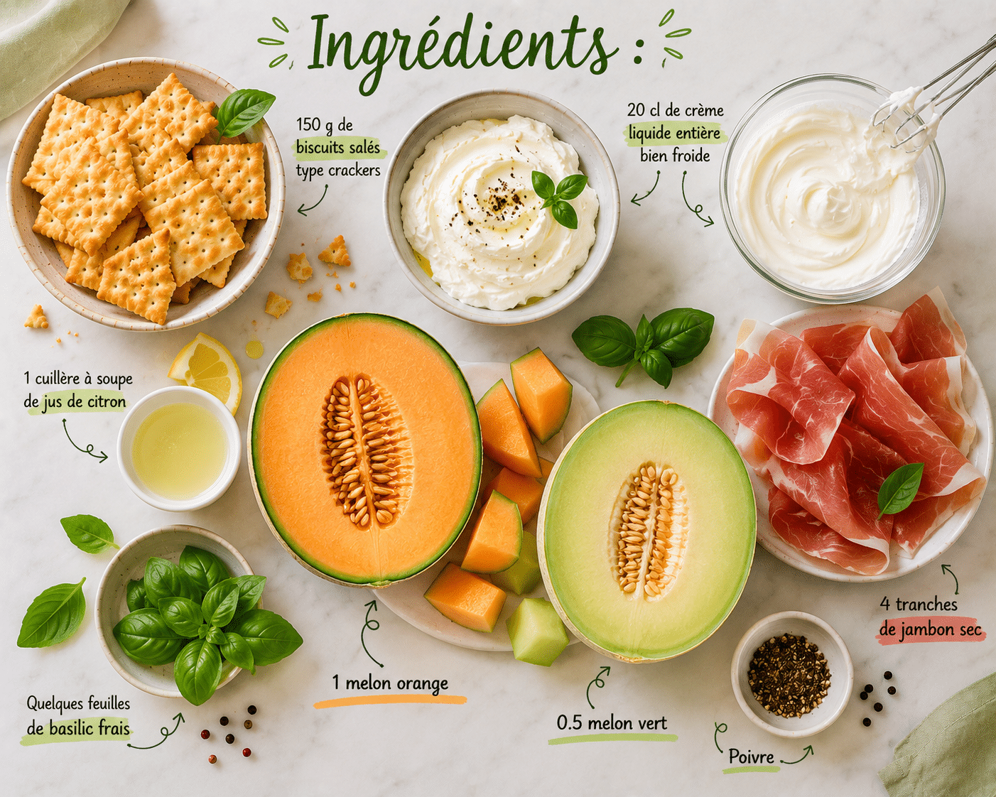 La Liste des Ingrédients : Le tiramisu estival au melon, jambon sec et fromage frais en est le parfait exemple. Avec sa base croustillante aux biscuits salés, sa crème au fromage frais légère
