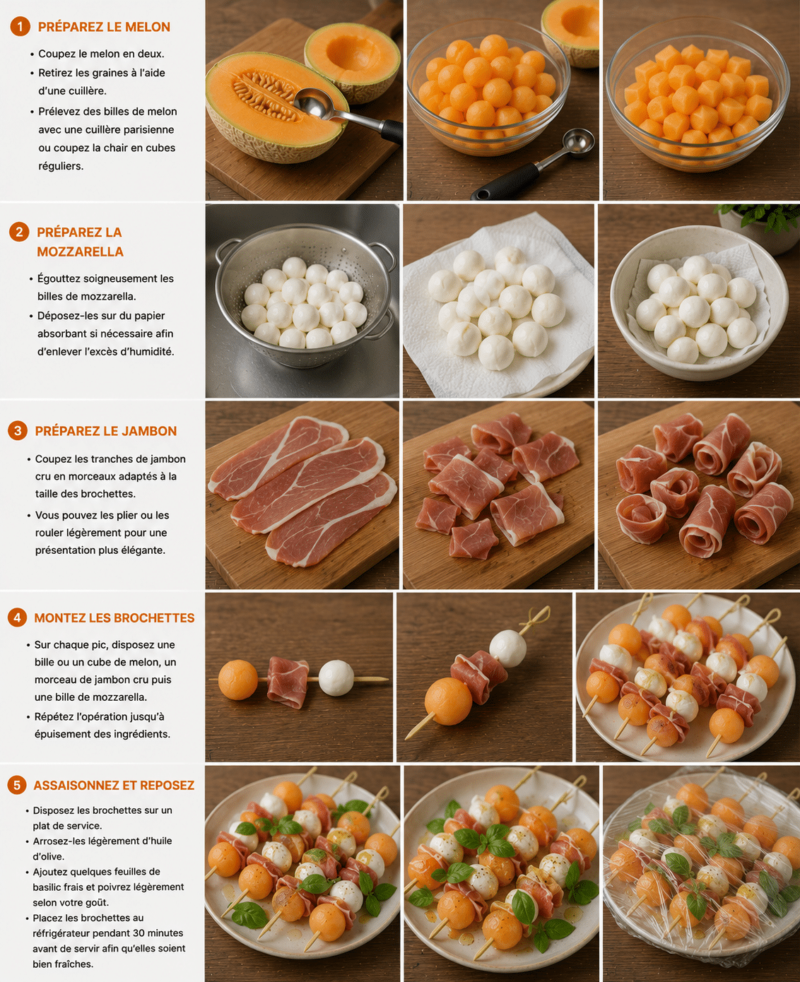 Le Guide de Préparation Étape par Étape: Brochettes Melon, Jambon Cru et Mozzarella : les bouchées fraîches et élégantes de l’été Le Guide de Préparation Étape par Étape: Brochettes Melon, Jambon Cru et Mozzarella : les bouchées fraîches et élégantes de l’été